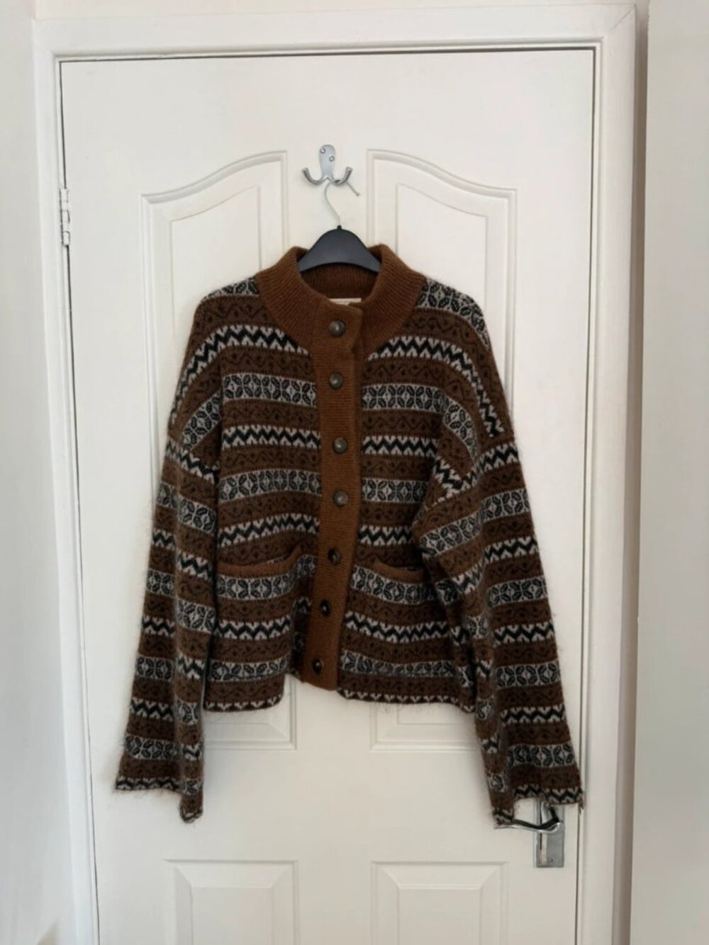 Sezane Thais Wool Mohair Cardigan, Brown Jacquard, XL